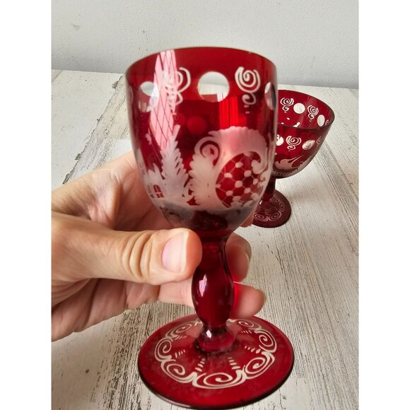 Egermann mini wine champagne Bohemian red glass cut bird cranberry ruby - Picture 2 of 7
